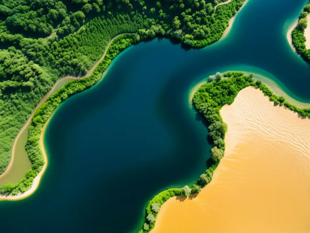 Vista aérea de un río mostrando el impacto del cambio climático en el flujo del agua y la vegetación circundante