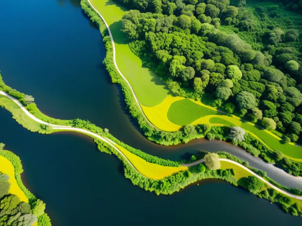 Vista aérea de un río serpenteante con bioingeniería para estabilización de riberas, rodeado de exuberante vegetación verde