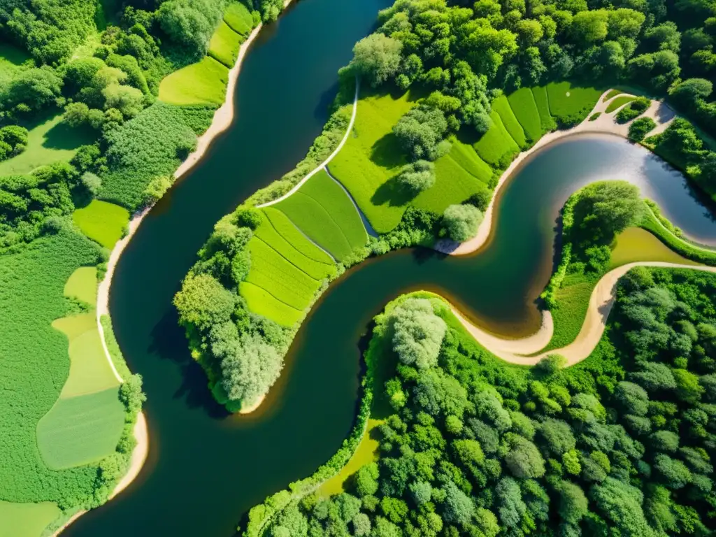 Vista aérea de un río serpenteante fluyendo a través de un paisaje exuberante