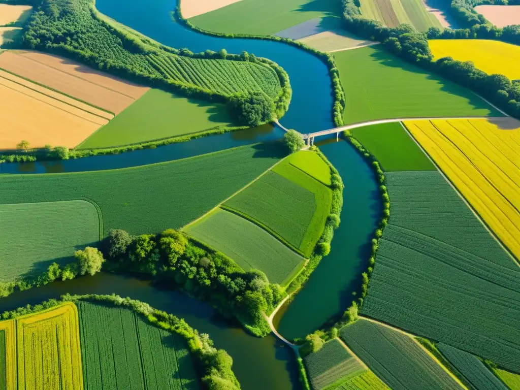 Vista aérea de un río serpenteante rodeado de exuberantes campos verdes, reflejando la luz del sol y su vital importancia para la agricultura