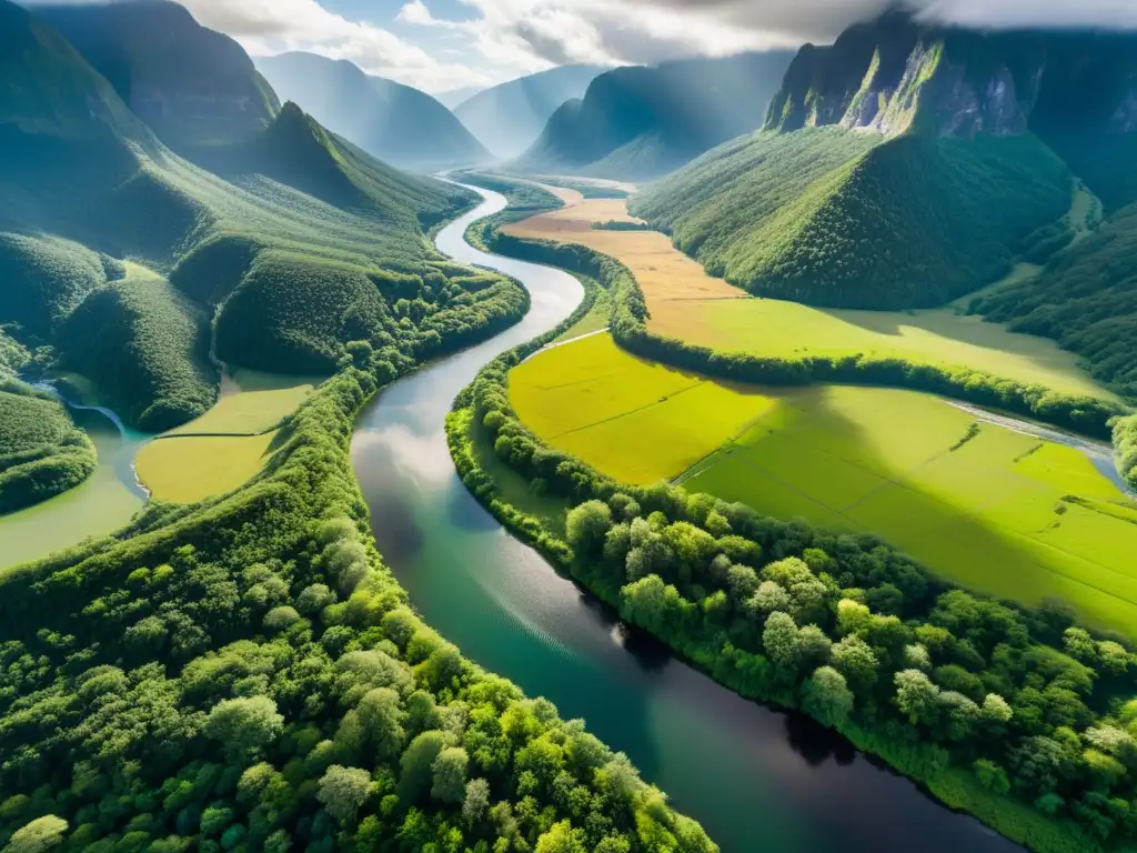 Vista aérea de un río serpenteante en un valle verde, rodeado de montañas