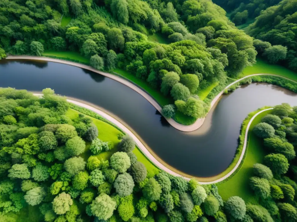 Vista aérea de un río serpenteante rodeado de exuberante vegetación, con una pequeña y rústica planta de microhidroeléctrica en la orilla