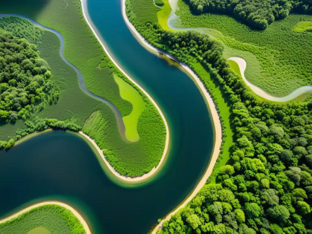 Vista aérea de un río sinuoso rodeado de exuberantes llanuras de inundación y densos bosques