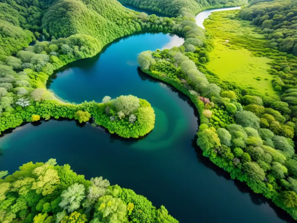 Vista aérea del río serpenteando a través de un valle verde exuberante, mostrando sus propiedades curativas aguas fluviales