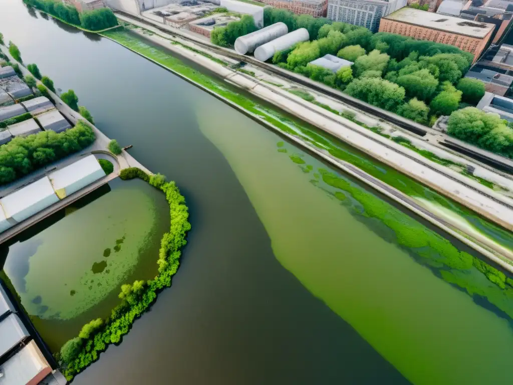 Vista aérea de río urbano contaminado con algas y desechos plásticos