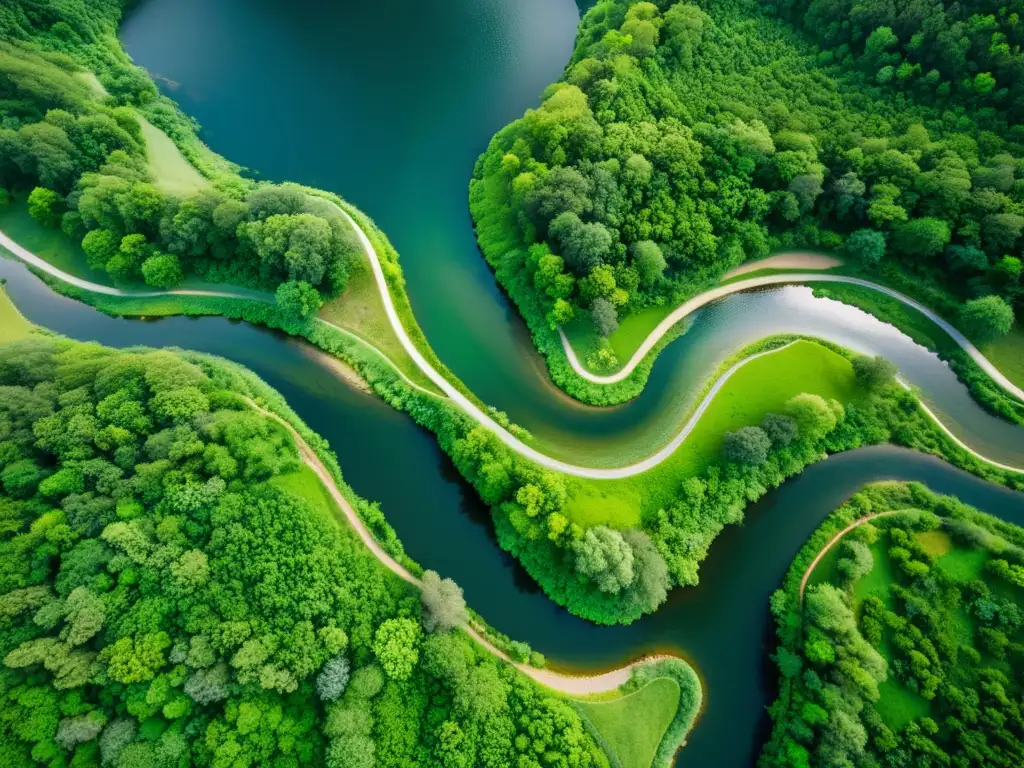 Vista aérea de un río serpenteando en un valle exuberante, mostrando la restauración de ríos degradados técnicas en un ecosistema natural vibrante