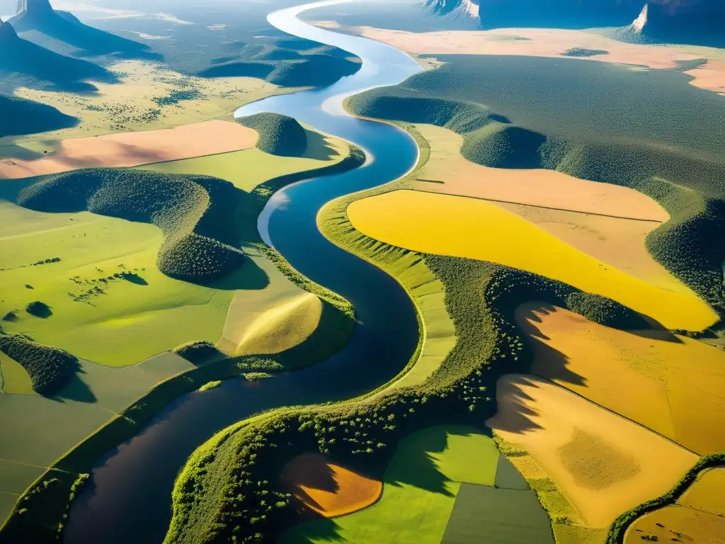 Vista aérea de las sabanas de América del Sur, bañadas por la luz dorada del sol, mostrando su rica ecología