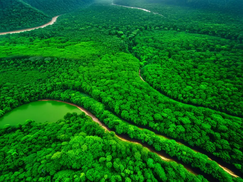 Vista aérea de selva frondosa y ríos, contrastando con áreas desérticas