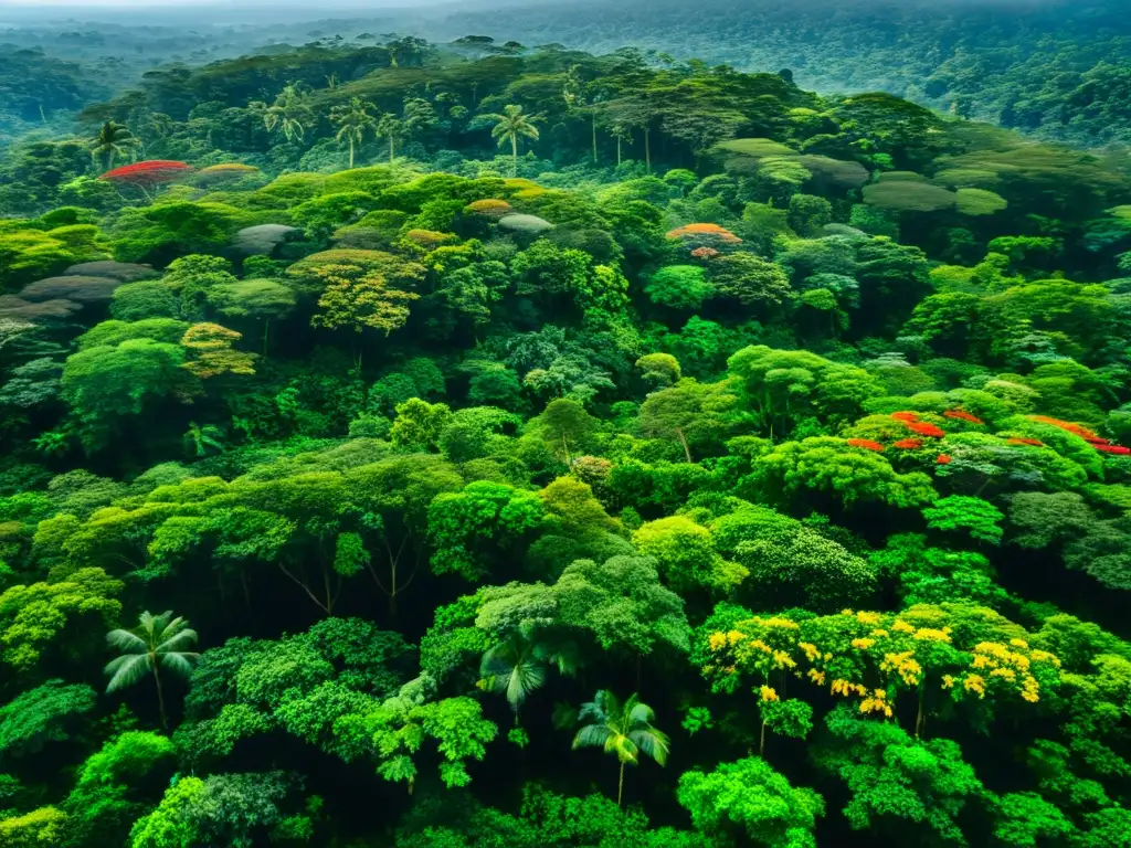 Vista aérea de selva tropical biodiversa, con luz solar iluminando hojas verdes y flores