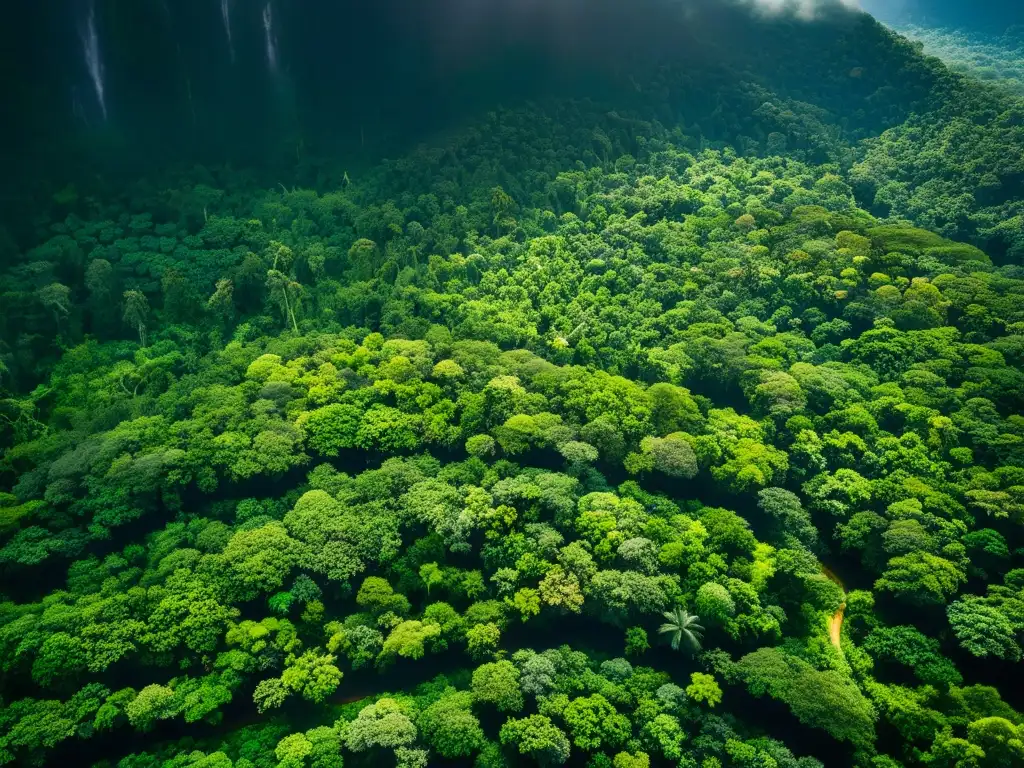 Vista aérea de selva tropical con microclimas, donde la luz crea sombras en el exuberante follaje verde