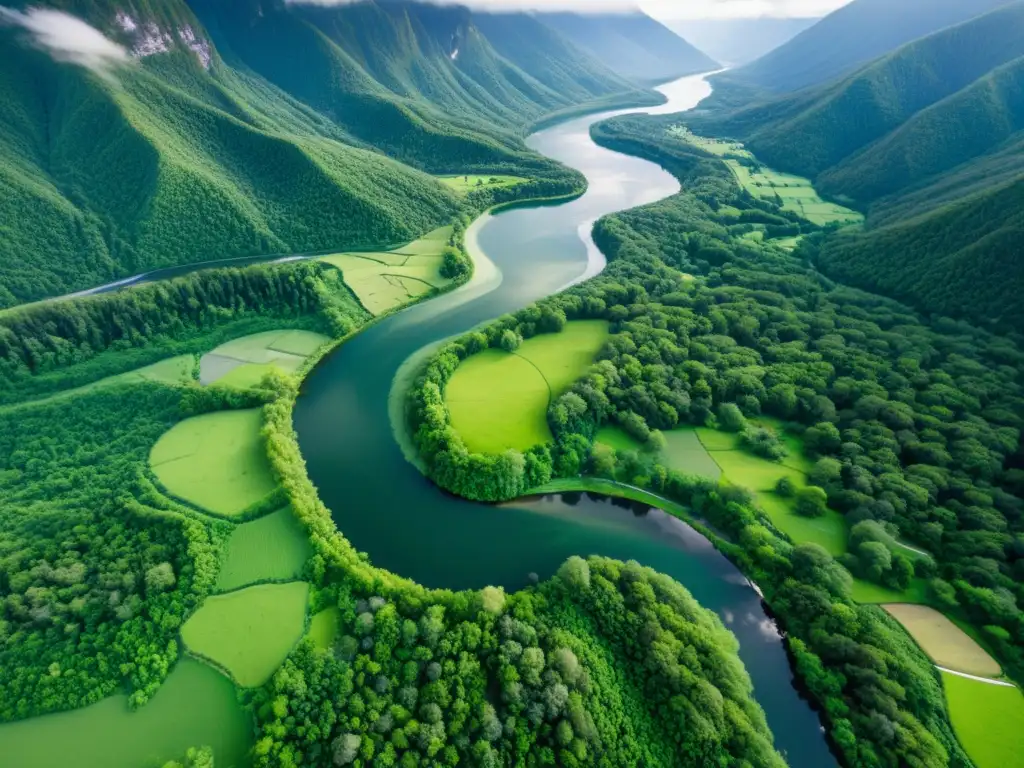 Vista aérea serena de un río serpenteante entre valles verdes, bosques densos y montañas nevadas