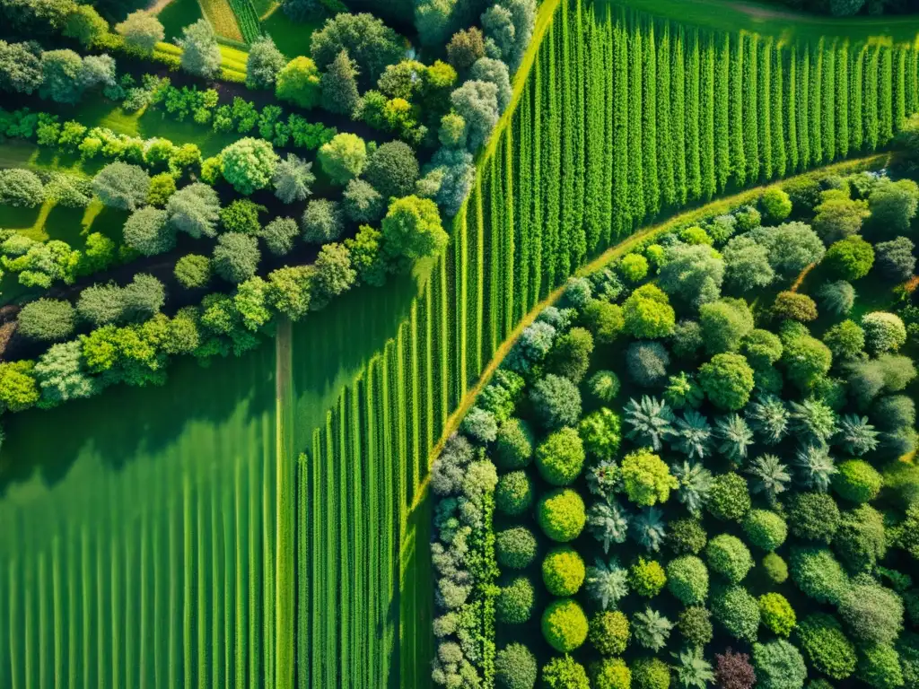 Vista aérea de un sistema agroforestal diverso, resaltando la coexistencia armoniosa entre agricultura y bosques