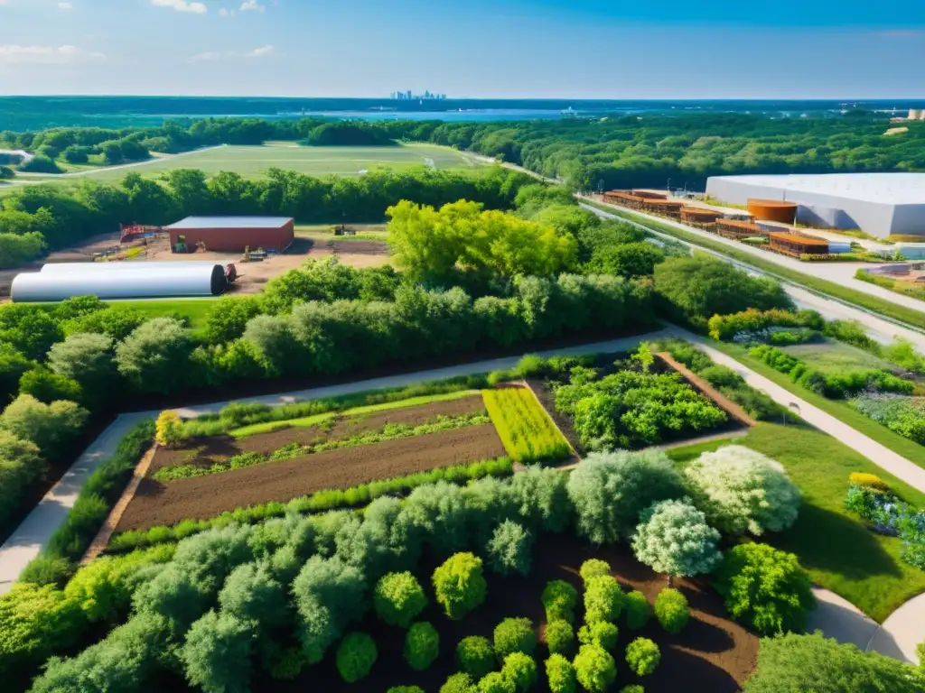 Vista aérea de un sitio industrial contaminado, transformado en un espacio verde vibrante con vegetación exuberante y vida silvestre próspera, simbolizando la restauración exitosa del suelo a través de servicios consultivos contaminación suelo