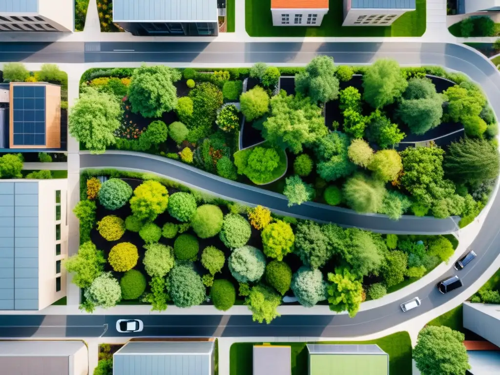 Vista aérea de soluciones sostenibles en construcción de infraestructura verde, con un espacio urbano vibrante y verde exuberante