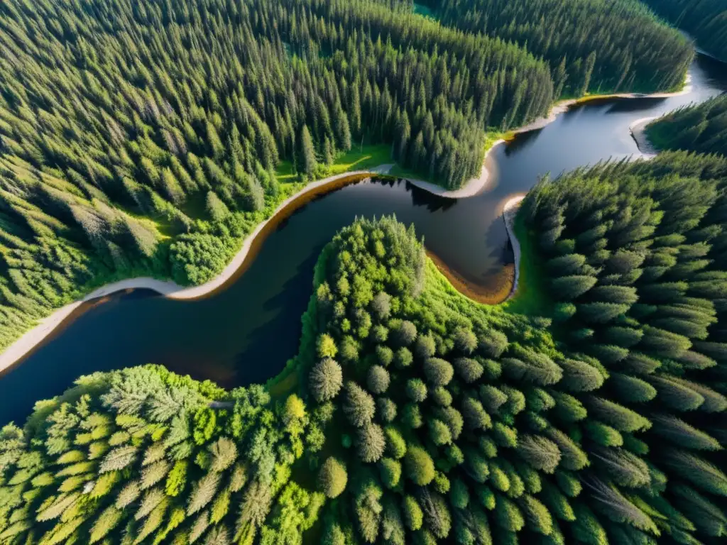 Vista aérea de la taiga con efectos del cambio climático en la biodiversidad y densa vegetación de coníferas