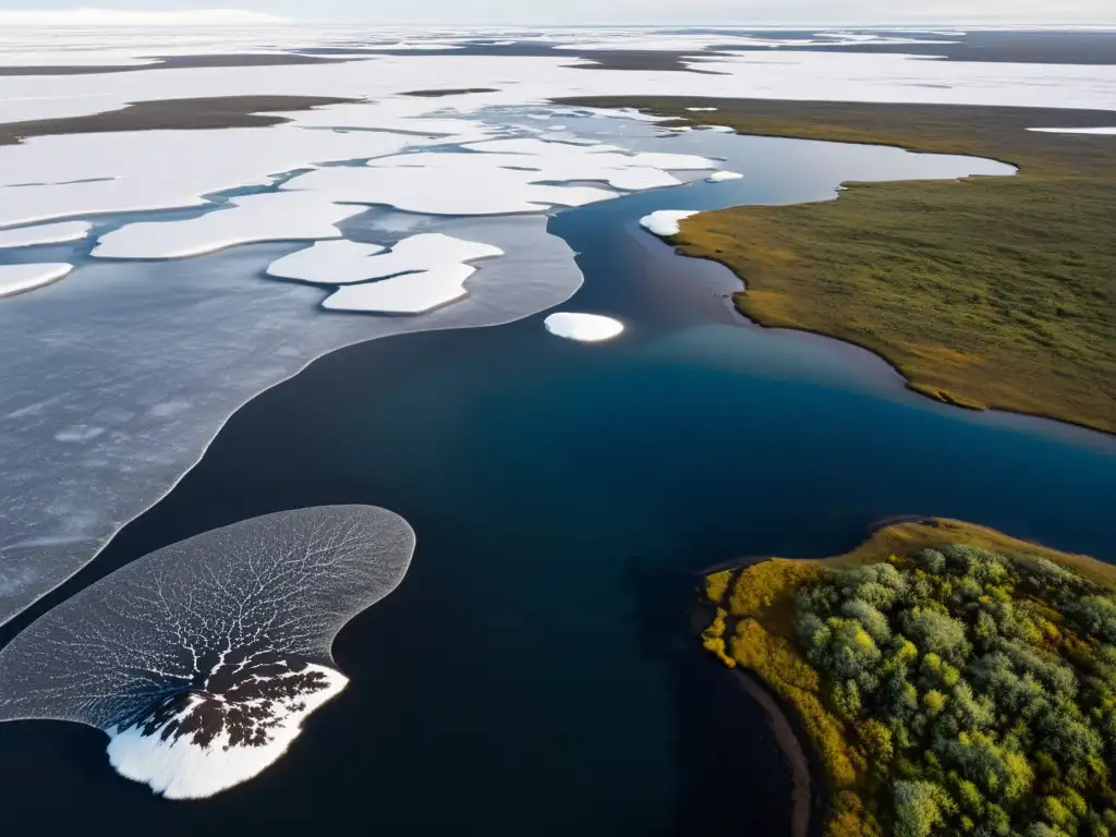 Vista aérea de la tundra ártica con efectos del descongelamiento del permafrost, revelando la belleza frágil y resistente del ecosistema