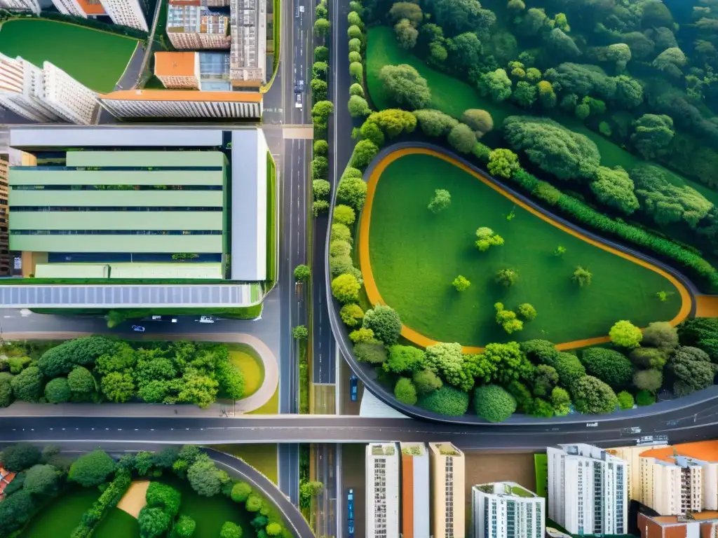 Vista aérea de Curitiba, Brasil, mostrando su planificación urbana innovadora con espacios verdes y sistema de transporte eficiente