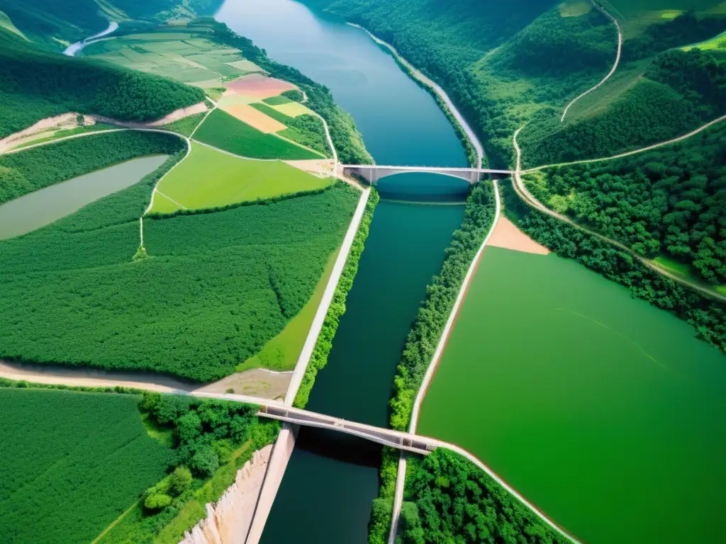 Vista aérea de un valle exuberante con río y presa hidroeléctrica