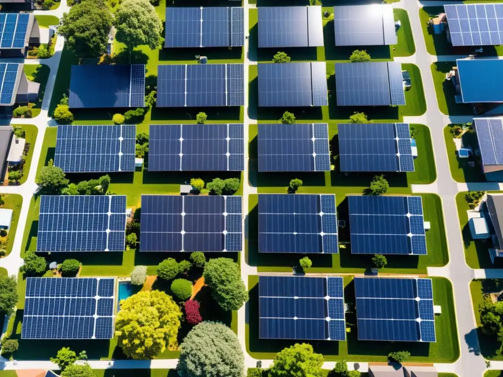 Vista aérea de vecindario con paneles solares en los techos, integrando energía renovable en casa