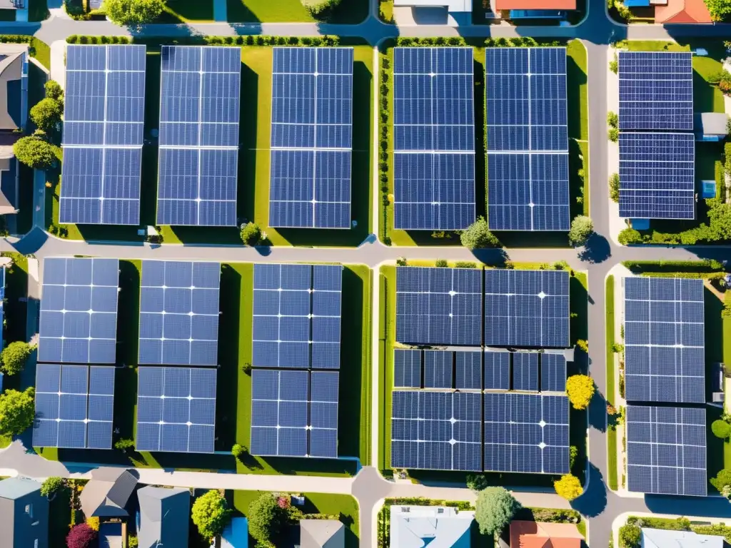 Vista aérea de vecindario con paneles solares en cada techo, mostrando la integración de energía solar en la vida cotidiana