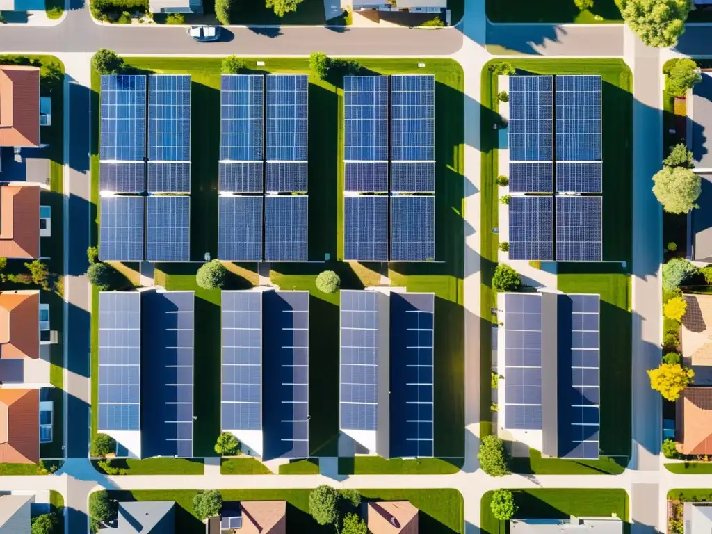 Una vista aérea de un vecindario residencial con paneles solares en los techos, capturando la integración de la energía solar