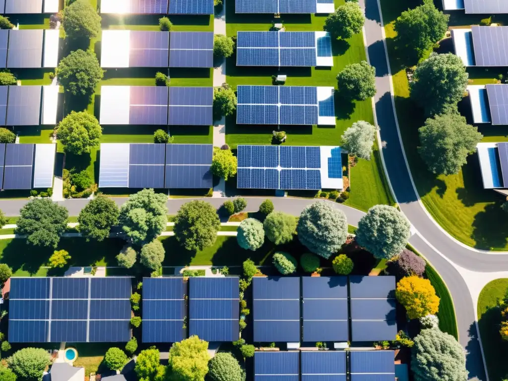 Vista aérea de vecindario suburbano con paneles solares en cada techo, reflejando la luz del sol y creando un efecto brillante