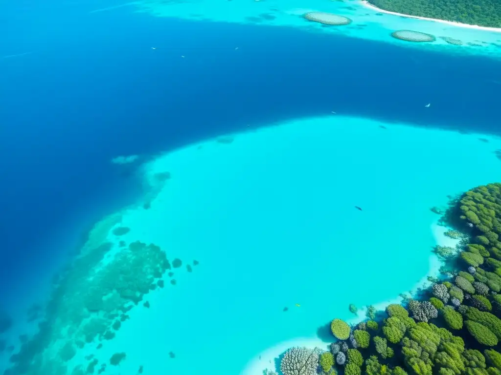 Vista aérea de un vibrante arrecife de coral con impacto de ingredientes de protector solar en la vida marina