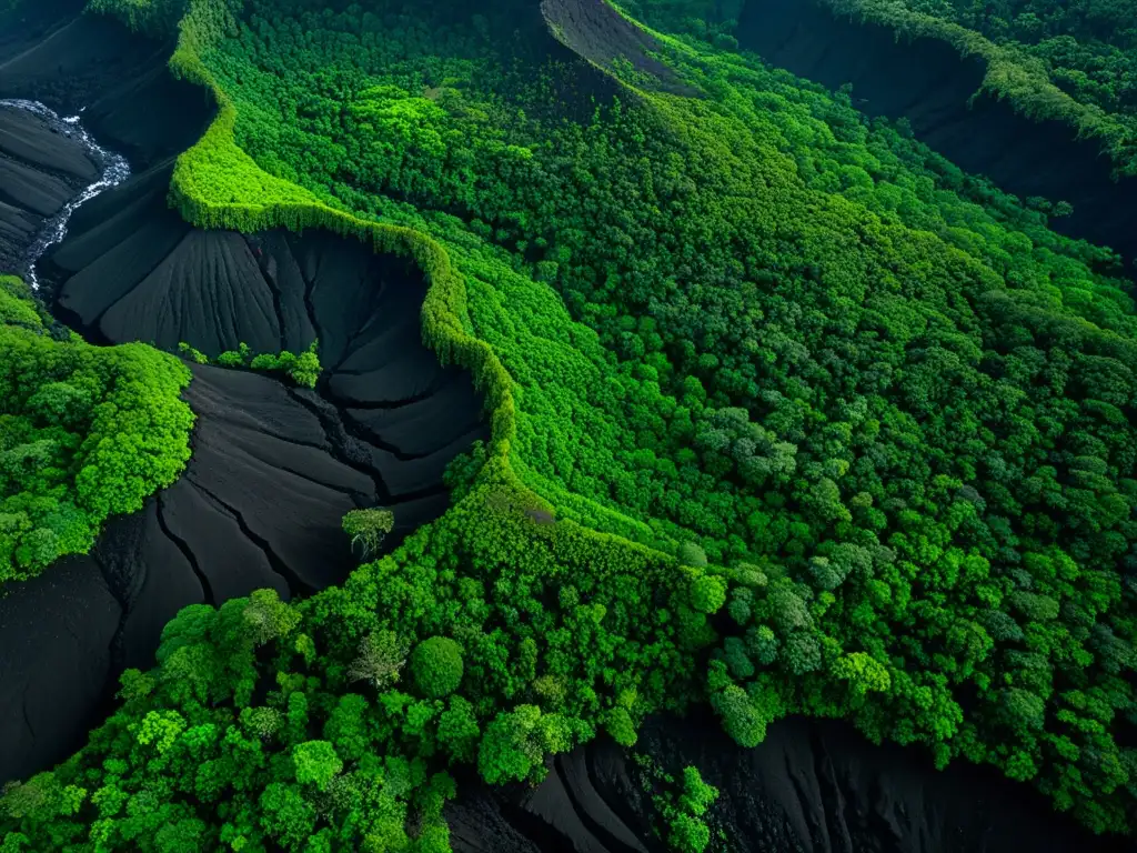 Vista aérea de la fusión entre vida y lava en los ecosistemas de Hawai, con exuberante vegetación y roca volcánica