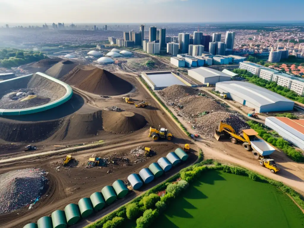 Contraste urbano: ciudad y vertedero Vista aérea de una zona urbana con un gran vertedero rodeado de edificios residenciales, mostrando el contraste entre la ciudad y la infraestructura de gestión de residuos