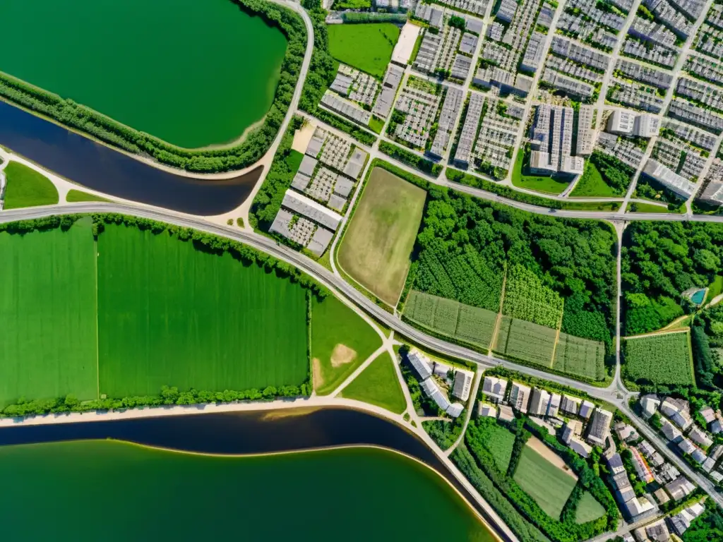 Vista aérea de zona urbana con problemas de erosión del suelo y contraste entre espacios verdes e infraestructura urbana