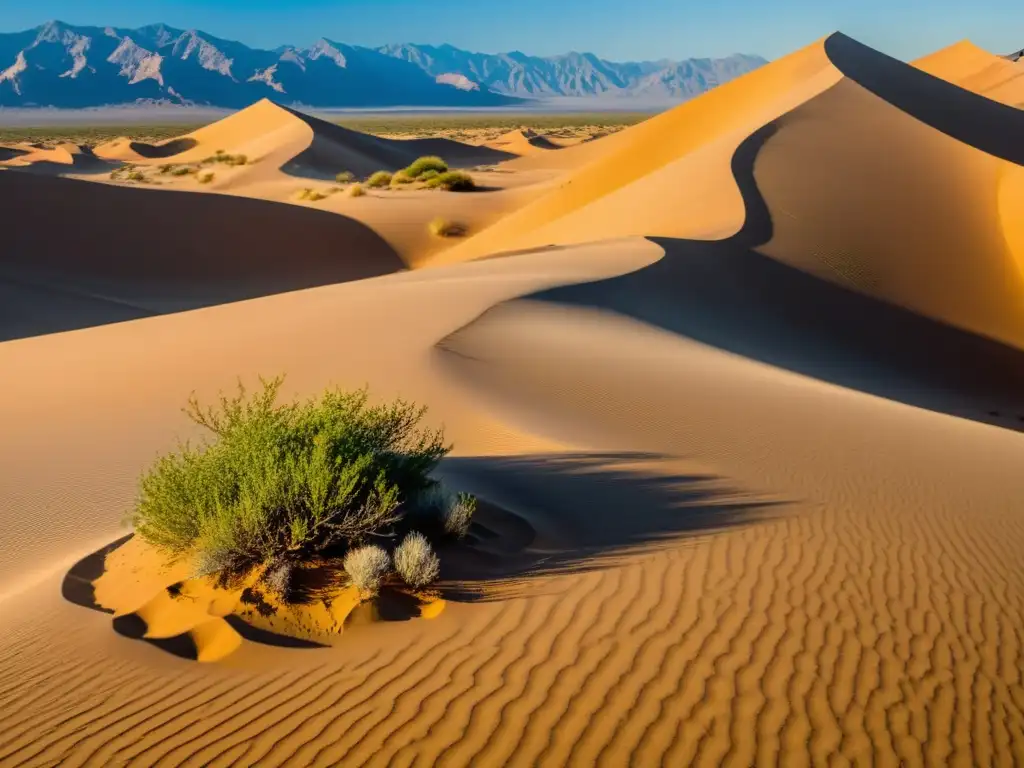 Vista amplia del vasto y dorado paisaje desértico con plantas resilientes, destacando los ecosistemas áridos del mundo