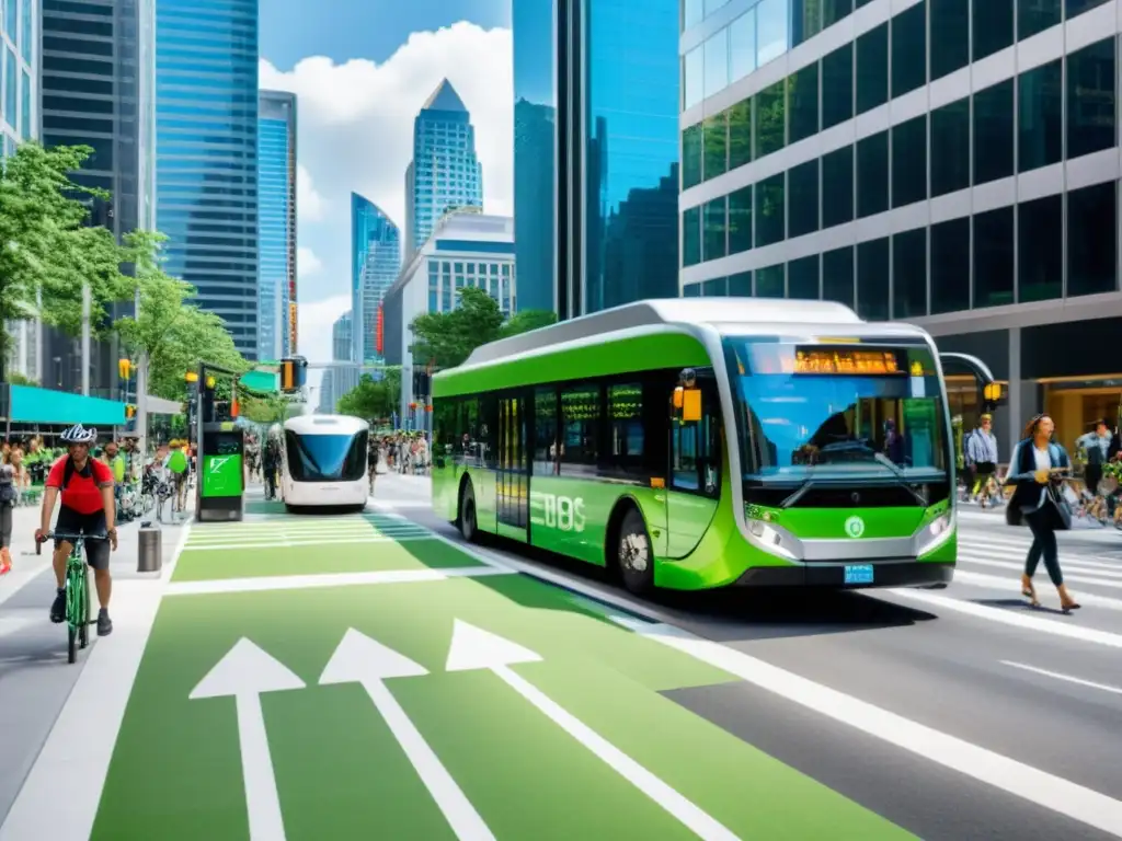 Vista de una bulliciosa calle de la ciudad con soluciones de movilidad sostenible en un entorno urbano moderno y armonioso