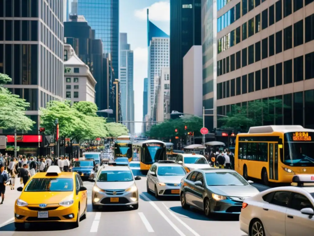 Vista de una bulliciosa calle de la ciudad, con tráfico, edificios altos y peatones