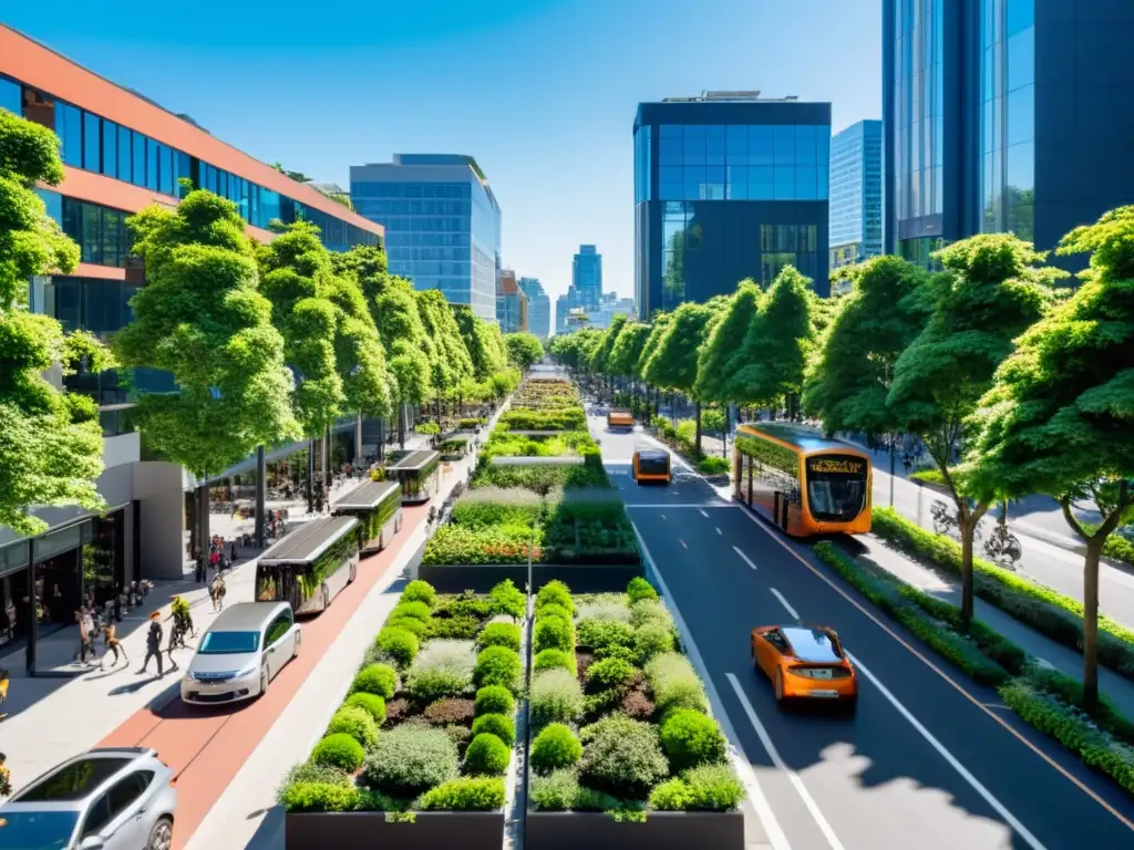 Vista de una bulliciosa calle urbana con enfoque ecológico, donde prevalecen ciudades verdes y planificación urbana sostenible