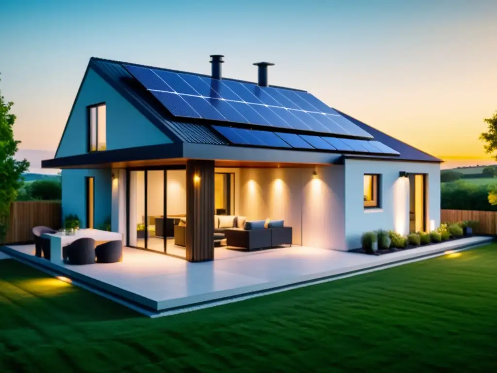 Vista cálida y acogedora de dispositivos ahorro energía en hogar ecológico con paneles solares y tecnología inteligente