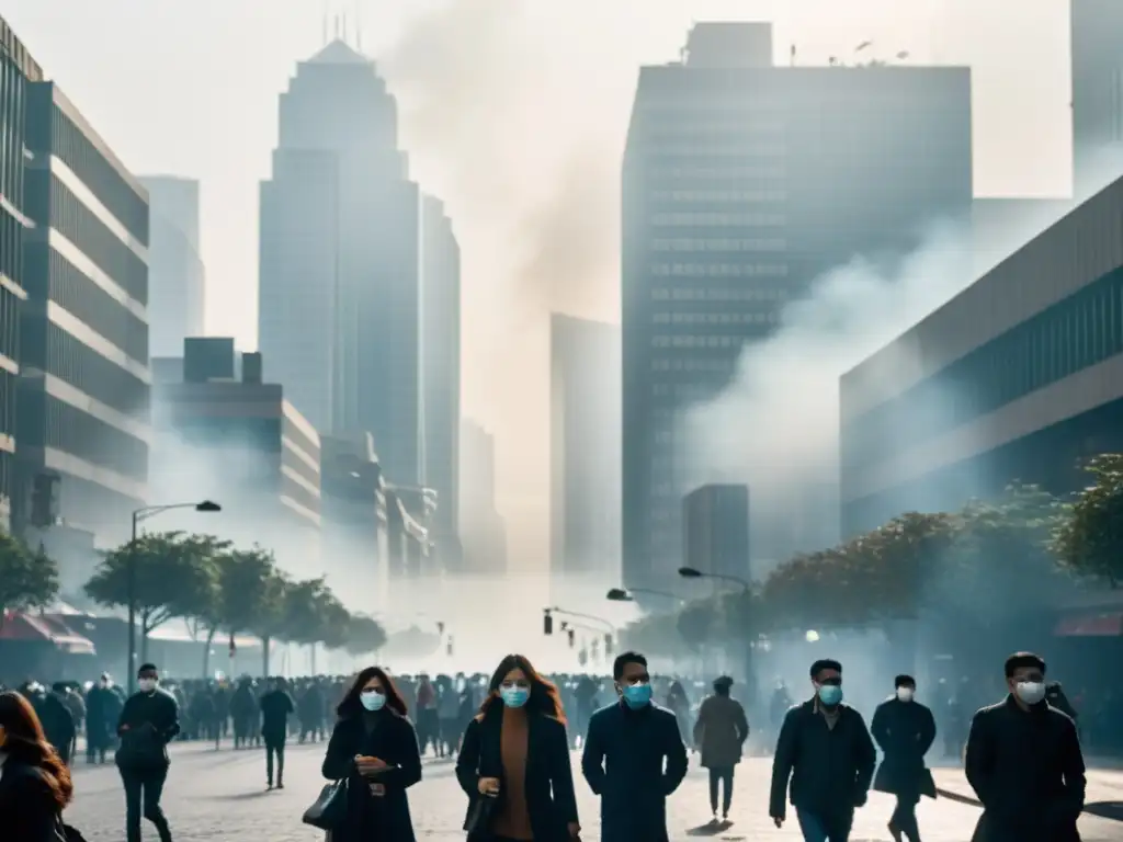 Vista de una calle de la ciudad con smog denso y edificios apenas visibles