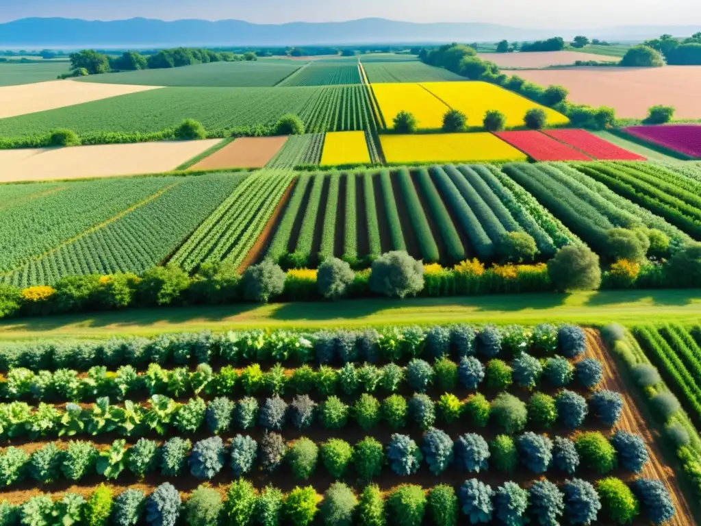 Vista de campo agrícola vibrante con cultivos coloridos y diversidad natural