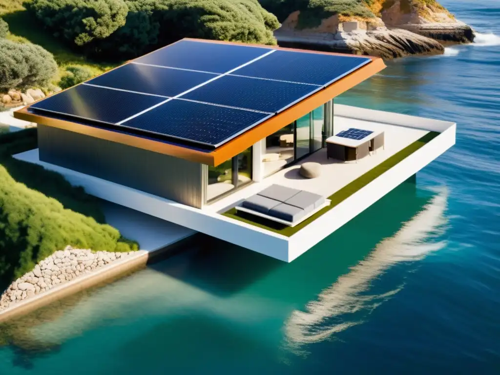 Vista de casa costera moderna con paneles solares y convertidor de energía de ondas, mostrando autosuficiencia energética en casas costeras