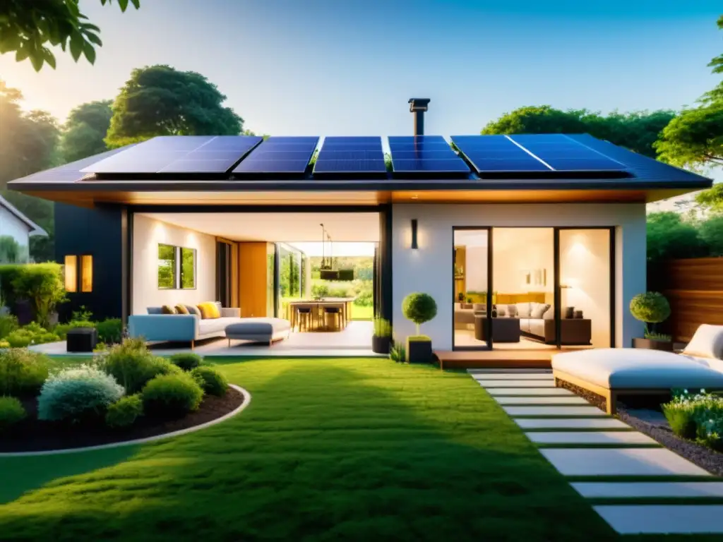 Vista de una casa inteligente y ecológica con paneles solares, electrodomésticos eficientes y un jardín exuberante