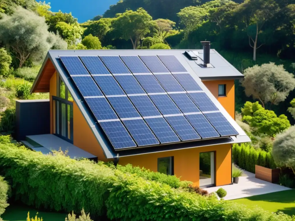 Vista de una casa moderna y ecológica con paneles solares en el techo, rodeada de exuberante vegetación y cielos azules