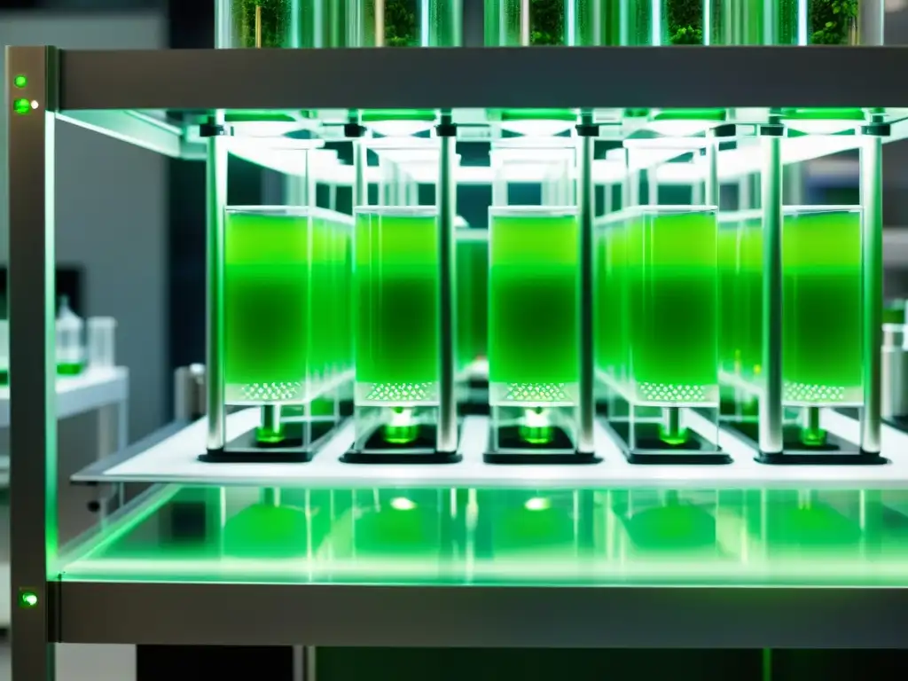 Vista cercana de un biorreactor con materiales biofabricados en un laboratorio moderno, destacando la biofabricación de materiales sostenibles