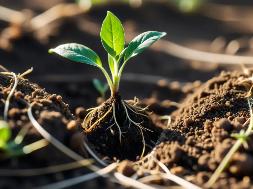 Vista cercana de un brote emergiendo de la tierra, mostrando avances en germinación controlada y la belleza de la naturaleza en detalle