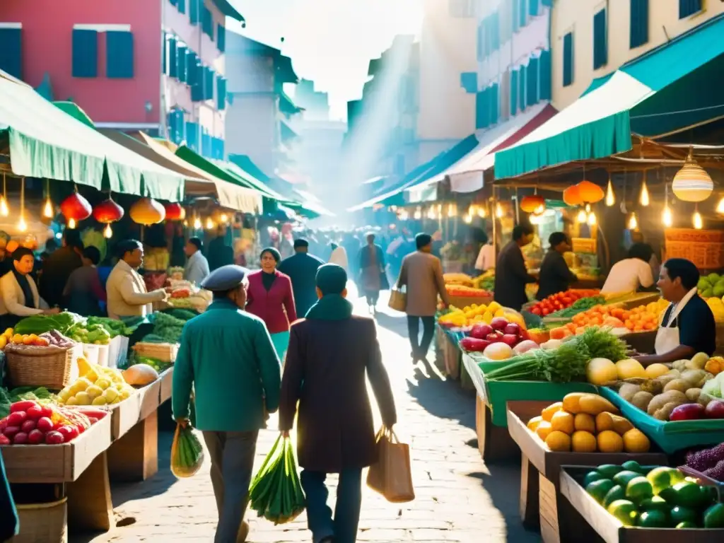 Vista cercana de un bullicioso mercado callejero en mercados emergentes, mostrando oportunidades de Fondos de Inversión Sostenibles