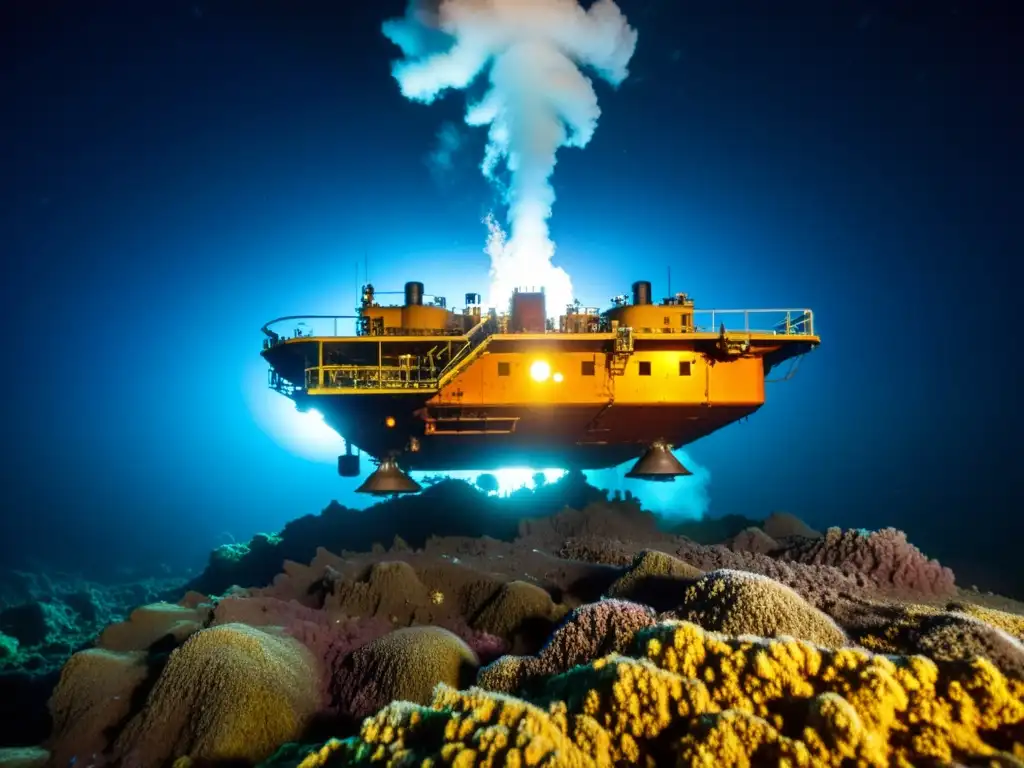 Minería en lo profundo del mar: impacto industrial en ecosistema marino Vista cercana de un buque de extracción de recursos marinos en aguas profundas, iluminando el ecosistema marino en conflicto