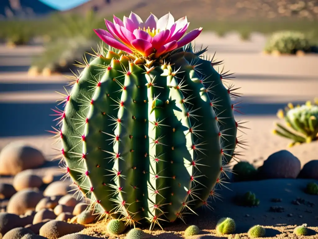 Vista cercana de un cactus floreciendo en un desierto árido, mostrando sus detalles vibrantes y la luz solar filtrándose entre las espinas