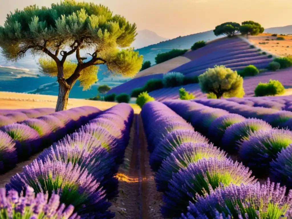 Vista cercana de un campo de lavanda morada en el Mediterráneo, con interacción planta animal ecosistema mediterráneo