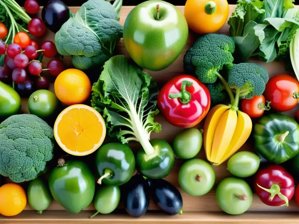 Vista cercana de frutas y verduras orgánicas frescas, en una mesa de madera