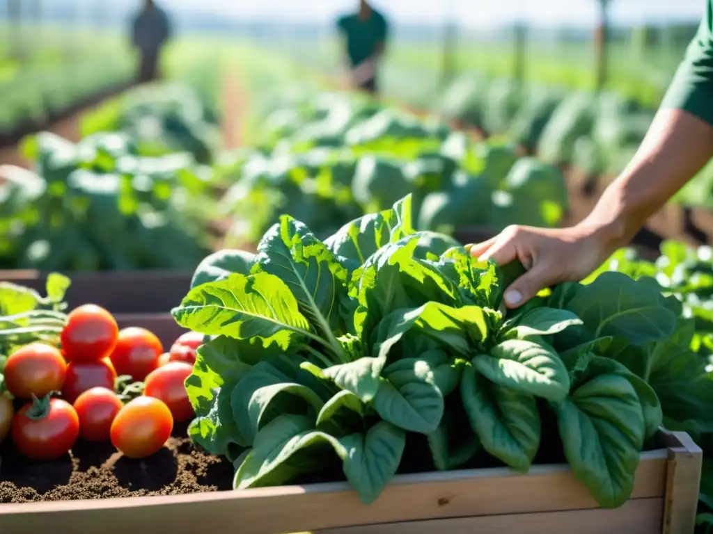 Vista cercana de una granja orgánica vibrante y exuberante, donde los agricultores reducen desperdicio alimentario con prácticas sostenibles