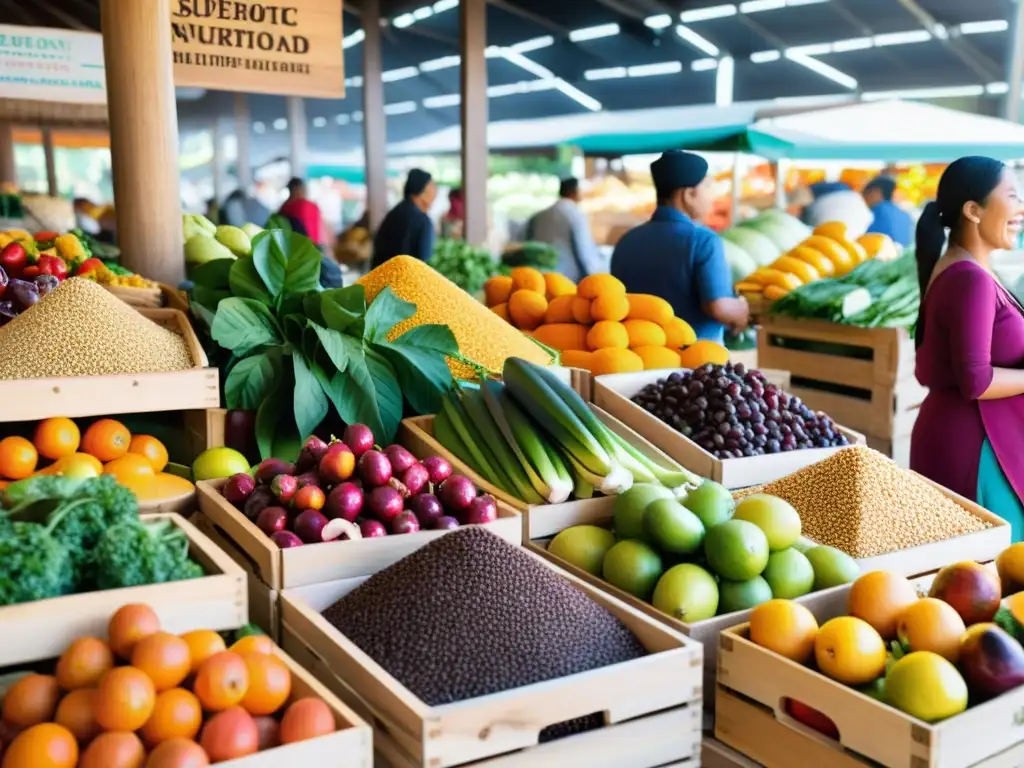 Vista cercana de un mercado bullicioso con superalimentos exóticos de todo el mundo, promoviendo la sostenibilidad de los superalimentos