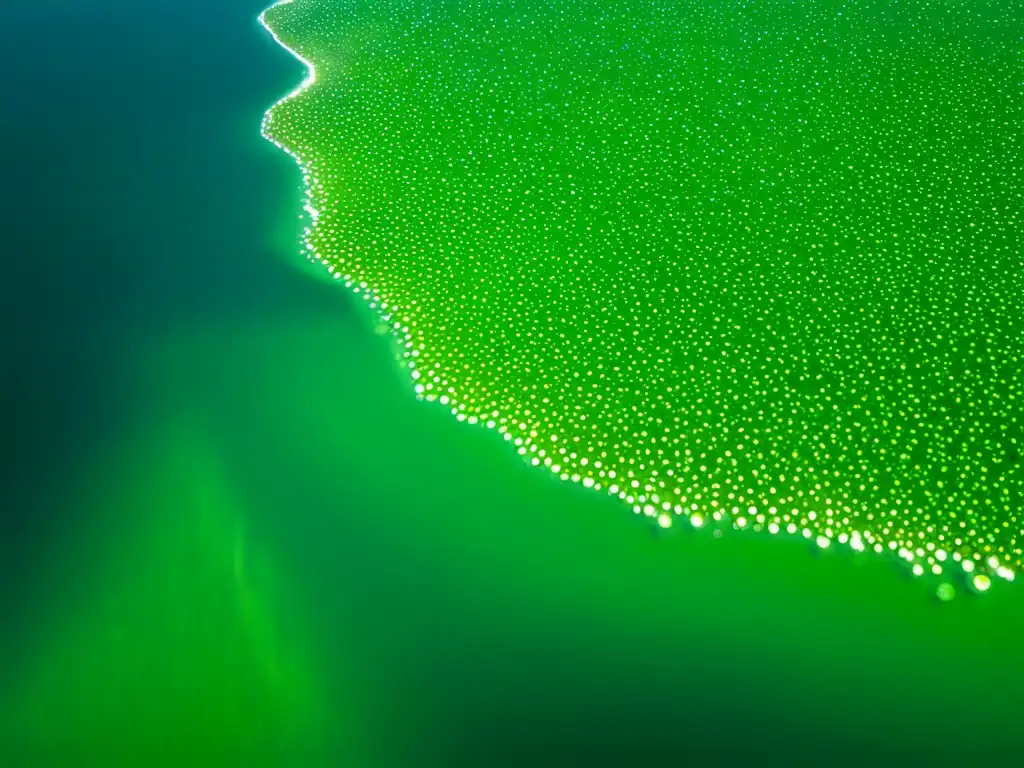 Vista cercana de una vibrante colonia de cianobacterias en agua cristalina, mostrando la transformación vital del planeta